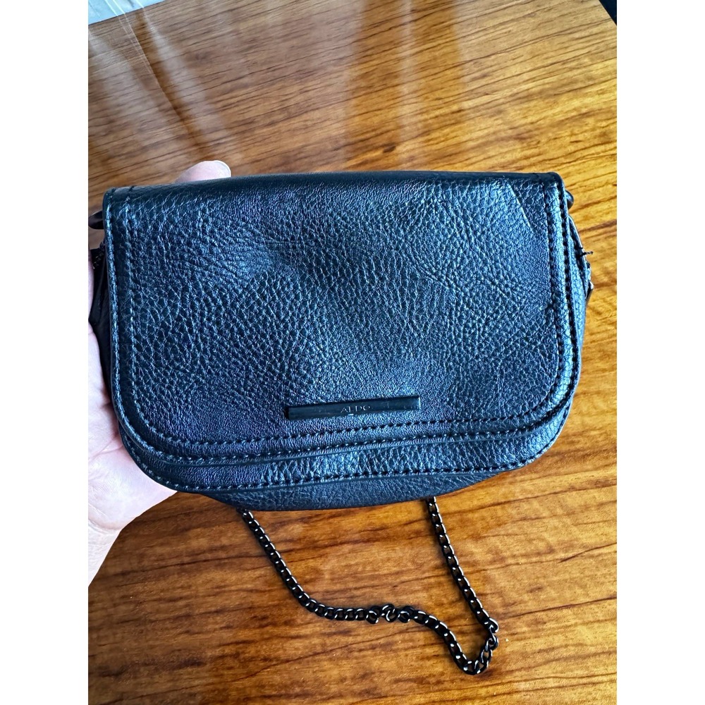 ALDO Black Pebbled Semi-Circle Crossbody Bag Chain Strap Small Snap Zip Closure